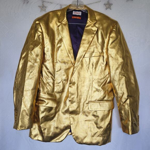 Opposuits Mens Size 44 Gold Metallic Foil Blazer Statement Groovy Show Choir - Picture 1 of 16